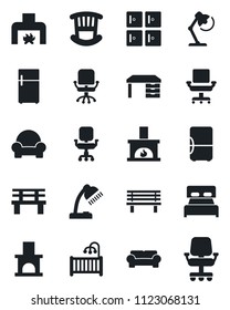 Set of vector isolated black icon - checkroom vector, office chair, desk, bench, fireplace, lamp, bedroom, children room, cushioned furniture, fridge