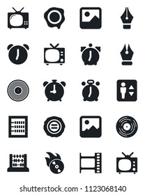 Set of vector isolated black icon - elevator vector, alarm clock, tv, abacus, stamp, film frame, vinyl, flame disk, gallery, ink pen