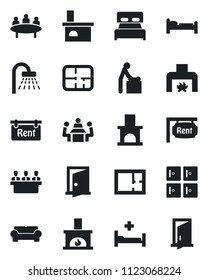 Set of vector isolated black icon - baby room vector, bed, shower, checkroom, meeting, fireplace, hospital, plan, rent, bedroom, cushioned furniture, door