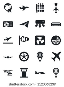 Set of vector isolated black icon - airport tower vector, plane radar, departure, wind, helicopter, seat map, globe, air conditioner, fan, paper, balloon