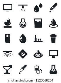 Set of vector isolated black icon - water drop vector, dropper, flammable, monitor, alcohol, drink, cocktail, filter, sprinkler, flask