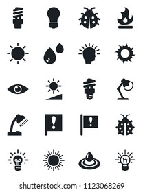 Set of vector isolated black icon - sun vector, bulb, lady bug, fire, eye, important flag, brightness, desk lamp, water, energy saving, shining head, idea