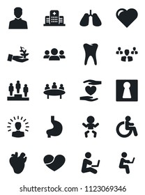 Set of vector isolated black icon - female vector, baby, disabled, pedestal, meeting, heart, hand, stomach, lungs, real, tooth, hospital, user, group, palm sproute, shining head, man with notebook
