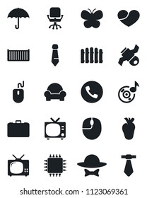 Set of vector isolated black icon - phone vector, tv, office chair, case, mouse, tie, fence, butterfly, real heart, satellite, cargo container, umbrella, music, cushioned furniture, dress code, chip