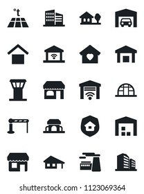 Set of vector isolated black icon - airport tower vector, barrier, shop, factory, greenhouse, warehouse storage, house with garage, tree, office building, sweet home, estate insurance, cafe