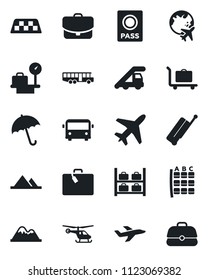 Set of vector isolated black icon - plane vector, taxi, suitcase, baggage trolley, airport bus, umbrella, passport, ladder car, helicopter, seat map, luggage storage, scales, globe, mountains, case