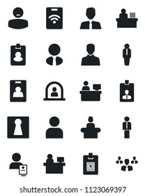 Set of vector isolated black icon - female vector, reception, manager, identity card, place, patient, user, desk, estate agent, pass, group