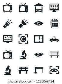 Set of vector isolated black icon - barrier vector, tv, alarm car, seat map, bench, monitor pulse, microscope, eye, torch, plan, alcove, scan