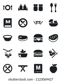 Set of vector isolated black icon - spoon and fork vector, picnic table, cafe, menu, salad, salt pepper, steak, hamburger, bowl, sushi, apple fruit