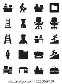 Set of vector isolated black icon - manager vector, desk, place, ladder, folder, career, cook, office chair, case