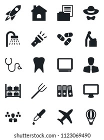 Set of vector isolated black icon - baby room vector, shower, luggage storage, farm fork, house, stethoscope, dropper, pills, tooth, plane, client, tv, monitor, torch, document folder, paper binder