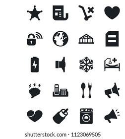 Set of vector isolated black icon - spoon and fork vector, washer, document, brainstorm, greenhouse, heart, hospital bed, no trolley, news, speaker, loudspeaker, rca, charge, office phone, snowflake