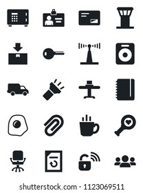 Set of vector isolated black icon - airport tower vector, safe, identity card, office chair, notepad, document reload, heart diagnostic, car delivery, package, antenna, speaker, mail, torch, key