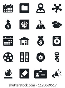 Set of vector isolated black icon - identity vector, clouds, office binder, calendar, navigation, no hook, warehouse, flammable, reel, share, speaker, folder, notes, fingerprint id, estate insurance