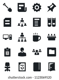 Set of vector isolated black icon - gear vector, hierarchy, office chair, book, team, notepad, document, drawing pin, job, reload, folder, coffee, news, identity card, support, meeting, pc, door