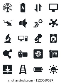 Set of vector isolated black icon - helicopter vector, ladder, microscope, microphone, antenna, speaker, video camera, monitor, share, data exchange, download, fingerprint id, battery, charge, pc