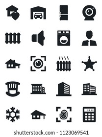 Set of vector isolated black icon - office building vector, house with garage, estate agent, children room, sweet home, heater, fridge, fingerprint, web camera, snowflake, washer, radiator, sound