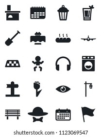 Set of vector isolated black icon - taxi vector, baby, plane, shovel, bench, garden light, fireplace, eye, signpost, term, tulip, headphones, restaurant table, phyto bar, bread, dress code, washer