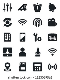 Set of vector isolated black icon - ladder car vector, cell phone, tuning, themes, user, calculator, alarm, bell, sd, sim, download, place tag, fingerprint id, video, root setup, update, calendar
