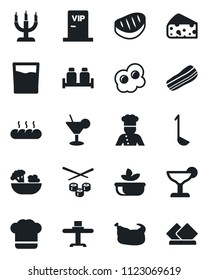Set of vector isolated black icon - cook vector, restaurant table, hat, drink, cocktail, salad, bacon, salt and pepper, bread, candle, vip zone, chicken, steak, ladle, sushi, omelette, cheese
