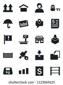 Set of vector isolated black icon - important flag vector, store, satellite, support, mobile tracking, cargo container, receipt, sea port, folder document, umbrella, warehouse storage, up side sign