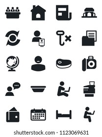 Set of vector isolated black icon - globe vector, meeting, house, patient, term, folder document, no hook, camera, speaker, update, news, copier, bedroom, cafe building, steak, bowl, wallet