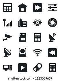 Set of vector isolated black icon - satellite antenna vector, radio phone, play button, fast forward, rewind, mobile camera, tuning, calculator, sd, wireless, face id, eye, cellular signal, pc