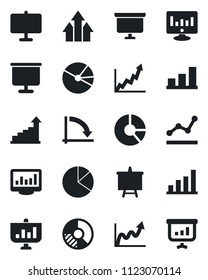 Set of vector isolated black icon - growth statistic vector, presentation board, crisis graph, monitor, circle chart, statistics, bar, pie, point, arrow up