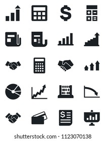 Set of vector isolated black icon - handshake vector, growth statistic, dollar sign, calculator, abacus, receipt, news, bar graph, pie, credit card, arrow up, crisis, presentation