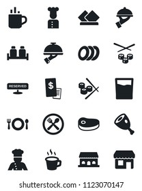 Set of vector isolated black icon - hot cup vector, coffee, cook, cafe, reserved, drink, plates, waiter, salt and pepper, building, restaurant receipt, steak, ham, sushi, serviette, storefront