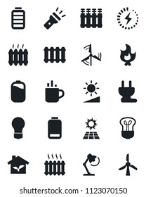 Set of vector isolated black icon - hot cup vector, bulb, fire, battery, low, torch, brightness, charge, desk lamp, windmill, heater, eco house, power plug, radiator, sun panel