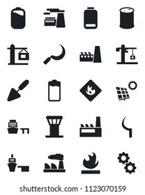 Set of vector isolated black icon - airport tower vector, factory, trowel, sickle, sea port, flammable, oil barrel, battery, low, sun panel, crane, gear