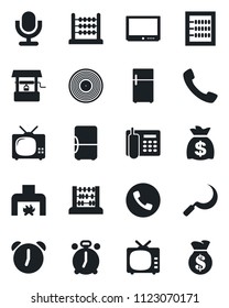 Set of vector isolated black icon - alarm clock vector, phone, abacus, money bag, well, sickle, vinyl, tv, microphone, call, office, fireplace, fridge