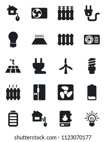 Set of vector isolated black icon - bulb vector, battery, low, heater, air conditioner, fridge, home control, power plug, fan, water, radiator, warm floor, energy saving, windmill, idea