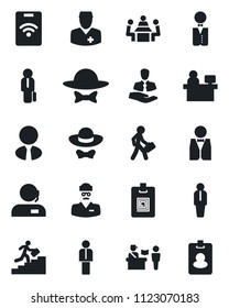 Set of vector isolated black icon - passport control vector, manager, place, doctor, client, identity card, support, meeting, career ladder, estate agent, waiter, dress code, pass