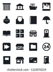 Set of vector isolated black icon - 24 around vector, shop, medical room, checkroom, book, store, umbrella, package, mail, fast forward, scanner, folder, copybook, document, jalousie, door