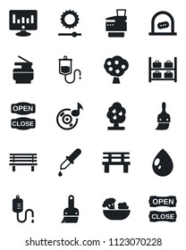 Set of vector isolated black icon - ticket office vector, luggage storage, statistic monitor, water drop, bench, dropper, themes, brightness, music, copier, fruit tree, salad, open close