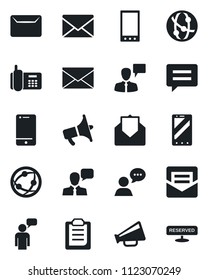 Set of vector isolated black icon - mobile phone vector, speaking man, mail, office, loudspeaker, network, cell, speaker, message, clipboard, reserved
