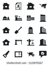 Set of vector isolated black icon - barrier vector, airport building, office, shovel, wheelbarrow, saw, house, hospital, with tree, plan, estate document, sweet home, city, crane, message