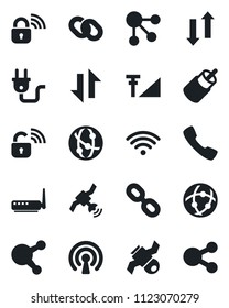 Set of vector isolated black icon - satellite vector, network, share, chain, rca, call, data exchange, cellular signal, wireless, power plug, lock, router, social media