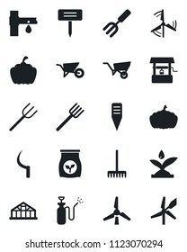 Set of vector isolated black icon - garden fork vector, farm, rake, wheelbarrow, well, sickle, plant label, pumpkin, greenhouse, sprayer, fertilizer, drip irrigation, windmill