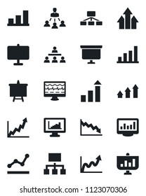 Set of vector isolated black icon - growth statistic vector, presentation board, monitor pulse, statistics, bar graph, point, hierarchy, arrow up, crisis