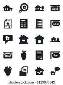 Set of vector isolated black icon - real heart vector, contract, house, with garage, tree, estate document, rent, sold signboard, search, smart home, city, eco, message