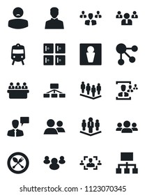 Set of vector isolated black icon - spoon and fork vector, train, male, checkroom, speaking man, team, meeting, patient, group, user, hr, company, social media, hierarchy