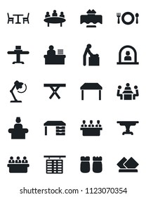Set of vector isolated black icon - cafe vector, baby room, reception, flight table, desk, meeting, picnic, manager, lamp, restaurant, salt and pepper, serviette