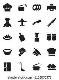 Set of vector isolated black icon - fridge vector, cook, restaurant table, serviette, hat, plates, waiter, salt and pepper, ladle, bowl, rolling pin, cutting board, knife, steaming pan
