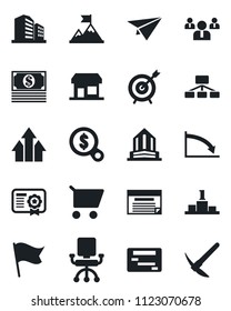Set of vector isolated black icon - team vector, target, arrow up graph, motivation, crisis, office chair, money search, cart, flag, cash, paper plane, schedule, hierarchy, certificate, pedestal