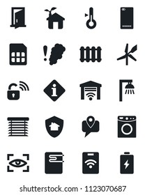 Set of vector isolated black icon - mobile tracking vector, phone back, sim, eco house, wireless lock, water heater, washer, smoke detector, thermometer, radiator, outdoor lamp, jalousie, eye scan