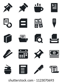 Set of vector isolated black icon - office binder vector, pen, document, coffee, drawing pin, reload, plant label, cash, paper, calendar, folder, search, blank box, tray, copier, stapler, contract