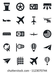 Set of vector isolated black icon - plane vector, airport tower, radar, wind, helicopter, seat map, globe, air conditioner, fan, paper, balloon